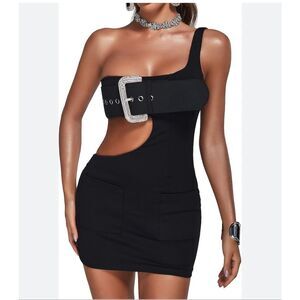 Bella Barnett NWT Black Crystal Buckle Cutout One-Shoulder Mini Dress Size Large